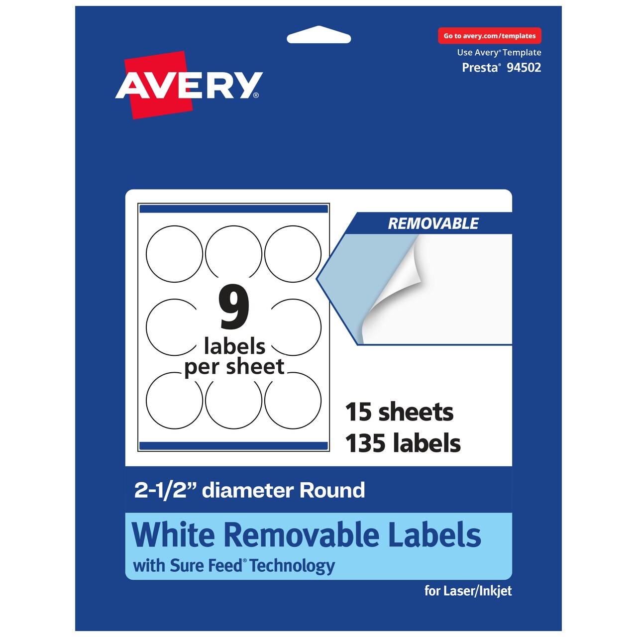 Avery Matte White Removable Round Labels with Sure Feed Technology, Print-to-the-Edge, 2.5" diameter